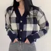 Chaqueta Suéter de Cuadros Corta en Color de Contraste para Mujer, Otoño e Invierno 2026 Nuevo Estilo Coreano Chic Elegante Cardigan de Punto Superior