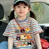 Camisetas listradas de algodão puro para meninos e meninas, design estiloso de verão com acabamento em renda, tops de manga curta, roupas da moda e versáteis