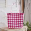 Bolsa de Plástico Tejida a Cuadros de Contraste Dopamina Colorida Accesorios de Flores Bolsa Cesta de Verduras Bolso Grande Tejido a Mano