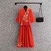 Traje Tang de dos piezas para mujer, estilo vintage, con cuello bordado a mano, top de siete mangas, estilo Hanfu chino modificado, vestido de té zen, falda y traje.