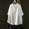 Camisa de gaze de algodão com estampa de bolinhas, manga curta, estilo casual artístico, gola de lapela, abotoamento simples, top casual macio e versátil para mulheres