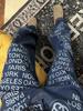 Pantalones de Pierna Ancha de Marca de Moda Estilo Americano con Estampado de Letras Azules Jeans Rectos Vintage Lavados Hip-Hop