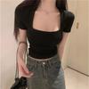 Camiseta de manga curta feminina verão 2025 nova gola quadrada francesa em forma de U top curto para estudantes slim-fit emagrecimento gola baixa na moda