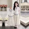Moda Verano 2026 Conjunto de Dos Piezas Falda Larga con Cuello Polo Rayas Manga Corta Estilo Dulce de Princesa Adorno de Encaje