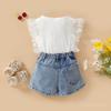 Samgamibaby Conjunto de Ropa de Verano para Niñas Transfronterizo Top de Malla con Mangas de Lunares Shorts de Mezclilla Florales Conjunto de 2 Piezas