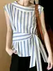 Top de Diseño Coreano con Rayas Asimétricas para Mujer, Verano 2026, Sin Mangas, Cintura de Atar, Corte Holgado, Camiseta sin Mangas Casual Adelgazante