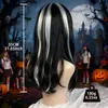 Cabello Negro y Blanco Largo y Liso con Pinzas Halloween Bruja para Mujeres Adultas Novia Fantasma Cosplay Fiesta del Festival Fantasma