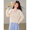 Cardigã de malha com gola bordada floral estilo coreano para mulheres, casaco suéter doce vintage de outono