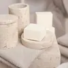 Amostras de Acessórios de Banheiro em Travertino Amarelo, Bandeja de Amostras, Sabonete Líquido para Mãos, Porta-Sabonete para Lavatório, Porta-Objetos, Frasco de Loção com Óleo Essencial