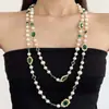 Collar Largo de Perlas de Lujo Ligero Estilo Francés para Mujer, Elegante y Gracioso Cristal Esmeralda Piedra Preciosa Cadena para Suéter Gargantilla