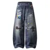 Jeans de Pierna Ancha Lavados Vintage con Estampado de Diseño Creativo Estilo Americano de Marca de Moda Pantalones Unisex