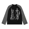 Camiseta de manga larga de retazos a rayas para hombre, estilo europeo y americano, casual para primavera y otoño, paleta de colores oscuros, con estampado de guadaña de la Parca