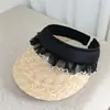 Elegante Sombrero Abierto con Ribete de Encaje para Mujer, Sombrero de Paja de Moda para el Verano, Sombrero con Banda para la Cabeza de Protección Solar para Vacaciones, Moderno