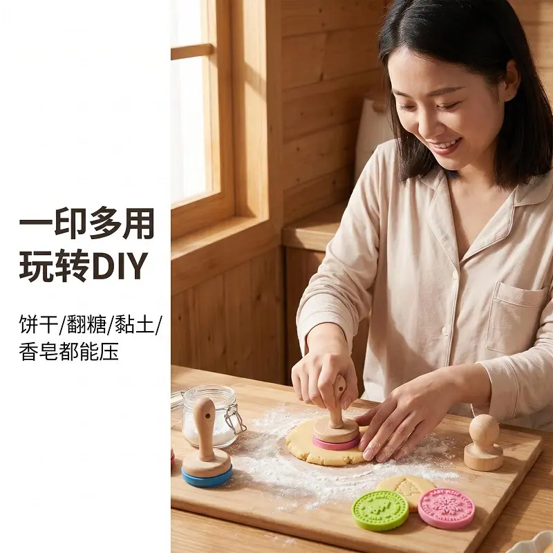 定制木柄硅胶饼干印章硅胶蛋糕图模翻糖压花模具开模定制logo