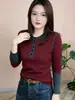 Moda outono nova versátil casual slim-fit bloco de cores feminina manga longa gola redonda redutor de idade base shirt top