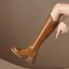 Botas longas de salto alto com decote em V para emagrecer, novas botas longas de nicho estilo britânico outono/inverno, botas de montaria com salto grosso de outono