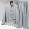 Novo Traje Tang de Seda Gelada Estilo Chinês para Primavera e Verão para Homens, Meia-Idade e Idosos, Roupa Retrô de Manga Longa para Pai, Conjunto Hanfu Vovô Estilo Chinês