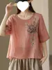 Nueva Camiseta de Verano Vintage Bordada de Algodón y Lino de Manga Corta para Mujer, Corte Holgado, Cuello Redondo, Top Pulóver Adelgazante, Gris