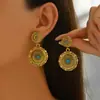 Brincos Cruzados de Exportação Novo Estilo Retrô Étnico Boêmio Liga de Metal Incrustada Turquesa Flor de Abóbora Pendente para Mulheres