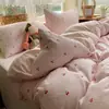 Juego de ropa de cama de cuatro piezas de gasa de doble capa de algodón lavado Clase A, simple y fresco, para estudiantes de dormitorio, juego de funda de edredón de tres piezas