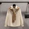 Top Rayado de Manga Larga Holgado, Camisa de Primavera para Mujer, Abrigo de Media Manga, Elegante y a la Moda Camisa Chal
