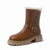 Botas de neve de couro legítimo e lã, de alta aparência e fáceis de cuidar, inverno 2023, salto médio grosso, sola grossa, botas curtas de lã quente para mulheres