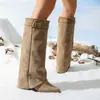 Botas longas de salto grosso tamanho grande para mulheres, comércio exterior transfronteiriço, novo estilo europeu e americano outono e inverno, botas plissadas versáteis da moda