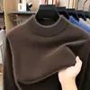 Suéter de punto grueso con mezcla de lana, cuello medio alto, manga larga para hombre, color sólido cálido para otoño e invierno, suéter base