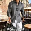 Camisa de manga larga con cuello para hombre, corte holgado, transfronteriza, imitación algodón-lino, color liso, estilo americano casual, camisa relajada de manga larga para hombre