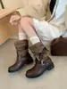 Piel auténtica, aumento de altura interior de 7 cm, botas de montar retro de punta redonda para mujer, con hebilla de cinturón, versátiles, adelgazantes y con tacón grueso y longitud hasta la mitad de la pantorrilla