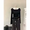 Top de punto con cuello de solapa diagonal estilo francés, hombros descubiertos, para mujer, otoño, elegante, suave y lujoso, jersey base