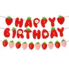 Decoração de aniversário com tema de festa de morango transfronteiriça, bandeira, flor, bolo, conjunto de decoração de cartões pequenos, atacado, personalização