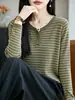 Suéter feminino de lã fina, design simples color-block, listras clássicas, efeito emagrecedor, elegante, adequado para o trabalho, top de tricô de manga longa