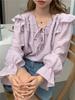 Foto Real de Primavera Nuevo Estilo Coreano Romántico Elegante con Volantes Cordón Encaje Camisa de Manga Larga Falda con Tirantes para Mujer 2 Colores