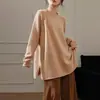 Suéter de lã pura macia com mangas raglan, novo, para outono e inverno, plus size, para mulheres, gola redonda, blusa solta de comprimento médio, casaco estilo casual