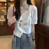 Camisa blanca corta con cuello en V irregular para mujer, diseño de nicho, ropa de primavera 2021, nueva blusa de manga corta con burbujas