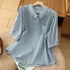Camisa Casual de Color Sólido Simple con Cuello y Bolsillo para Verano, Camiseta Casual Artística de Manga Corta Baita para Mujer