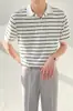 Camiseta Polo de Manga Corta Holgada de Hielo Fresco para Hombre, Estilo Coreano de Verano, Camisa de Punto Rayada Versátil y Moderna para Hombre