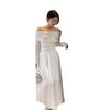 Vestido Branco Ombro a Ombro Feminino Outono Novo Estilo Francês Hora do Chá High-end Emagrecimento na Cintura Vestido de Manga Longa Tendência