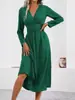 Vestido Elegante Largo de Mujer para Otoño e Invierno, Color Sólido, Superpuesto, Cuello en V, Manga Larga, Cintura Fruncida, Nuevo Vestido Largo para Mujer