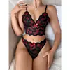 Conjunto de Lencería Transfronterizo Sexy Sujetador de Encaje Europeo y Americano Comercio Exterior Erótico Amazon Rojo Transparente