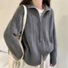 Chaqueta Suéter de Punto Trenzado con Cuello Solapa Estilo Japonés para Otoño e Invierno para Mujer, Nuevo Estilo Perezoso, Corte Holgado, Doble Cremallera, Cárdigan Corto de Punto