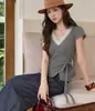 Camisa Roja a Cuadros con Encaje, Manga Corta, Cuello en V, Adelgazante, Estilo Romántico Francés de Verano para Figuras Pequeñas