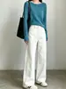 Malha azul lago! Cardigã de tricô de manga longa com bainha dobrada e um ombro só, um top de tricô de caimento solto para o início do outono que ilumina a tez, estilo feminino H091209