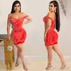 X5645 Moda Transfronteriza Sexy para Mujer Club Nocturno Pedrería Malla Perspectiva Hombro Descubierto Borlas Envuelto Pecho Hueco Vestido