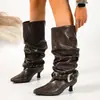 Estilo Popular Europeo y Americano Botas de Mujer de Talla Grande Tejidas con Cuerda Plisadas Remaches Tacón de Aguja Botas Tipo Calcetín Botas Versátiles Botas de Media Caña Verano para Mujer