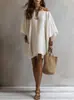 Vestido Kaftan de Algodão e Linho de Um Ombro Estilo Boêmio Solto Manga Morcego Saída de Praia Férias Estilo Preguiçoso Exposto