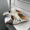 Chinelos Meio Tamanco de Renda com Laço Femininos Primavera Verão 2025 Novo Look prata Salto Grosso Couro Macio Sapatos Mueller Chinelos Bico Fino