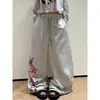 Pantalones de Chándal Grises Retro Americanos Diseño para Mujer Estampado Holgado Casual Pierna Ancha Caída Largo hasta el Suelo