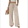 Calça Larga Casual de Verão com Cordão na Cintura Texturizada para Mulheres, Corte Solto com Bolsos Grandes, Caimento Fluido, Perna Reta Longa